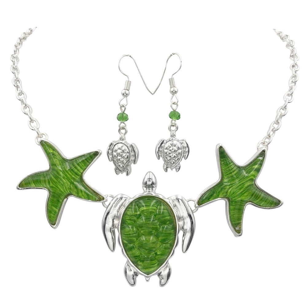 Green Sea Turtle Starfish Necklace Earrings Set
